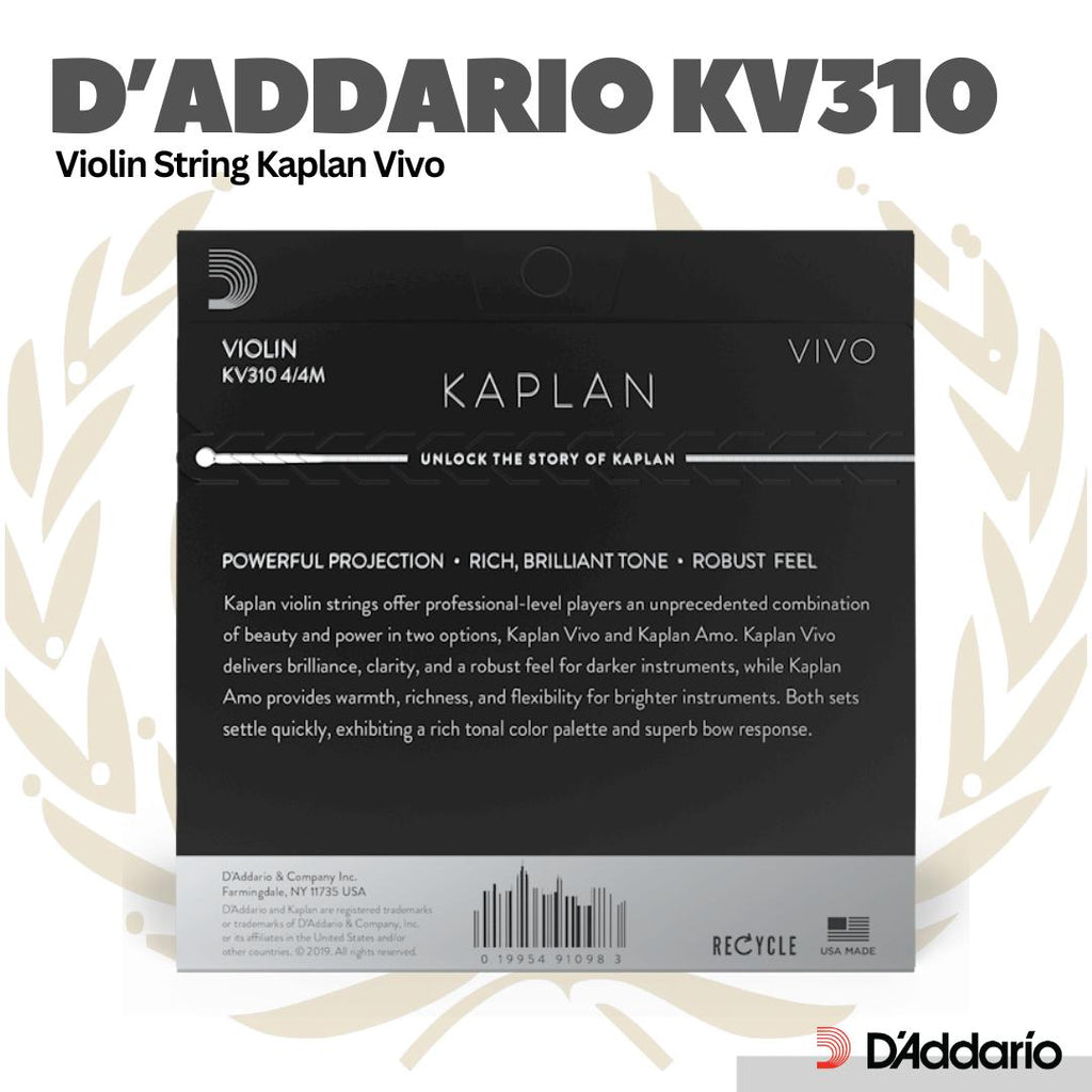 D'addario KV310-4/4L Kaplan Vivo Violin String Set, Light Tension - Senar Biola