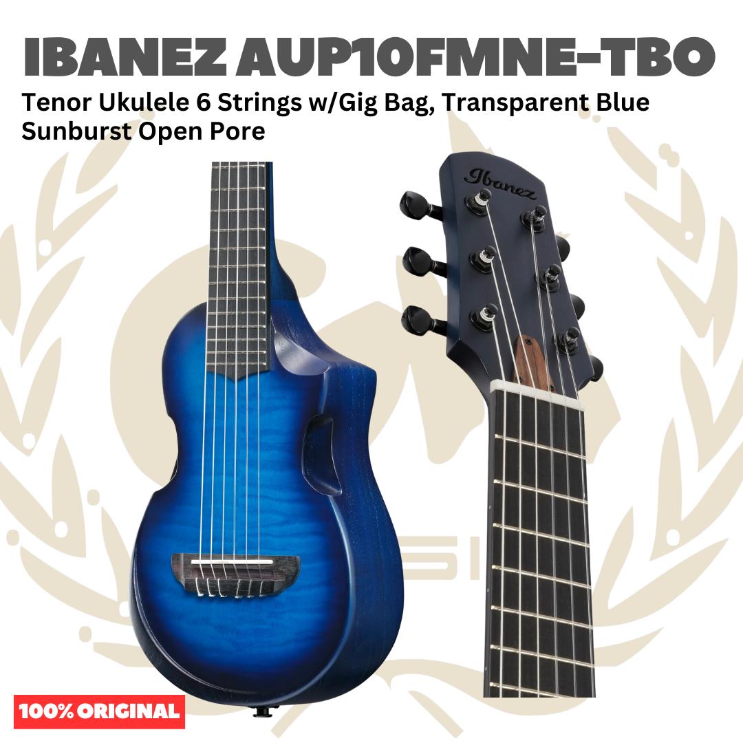 Ibanez AUP10FMNE-TBO Tenor Ukulele 6 String w/Gig Bag, Transparent Blue Sunburst Open Pore - Gitar Lele Elektrik dengan Preamp